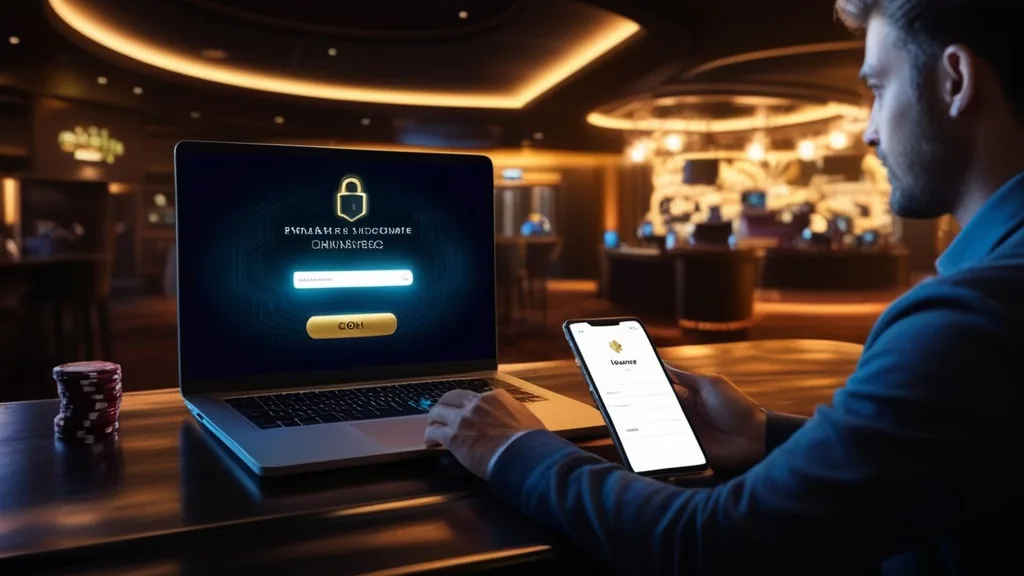 Schermata di login Zoccer in un casinò scuro con lucchetto e dispositivi