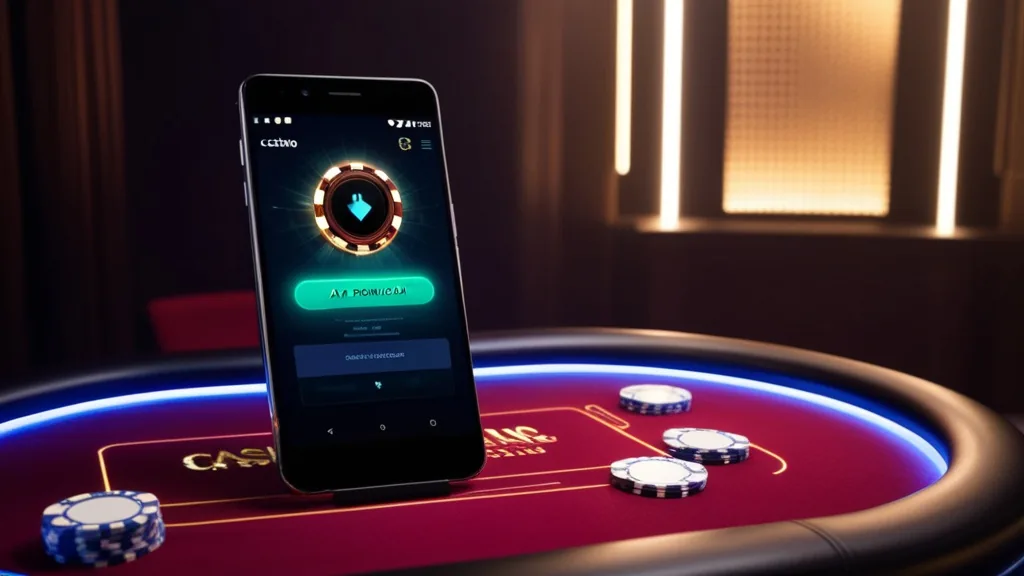 Smartphone Android con schermata di download APK in ambiente da casinò
