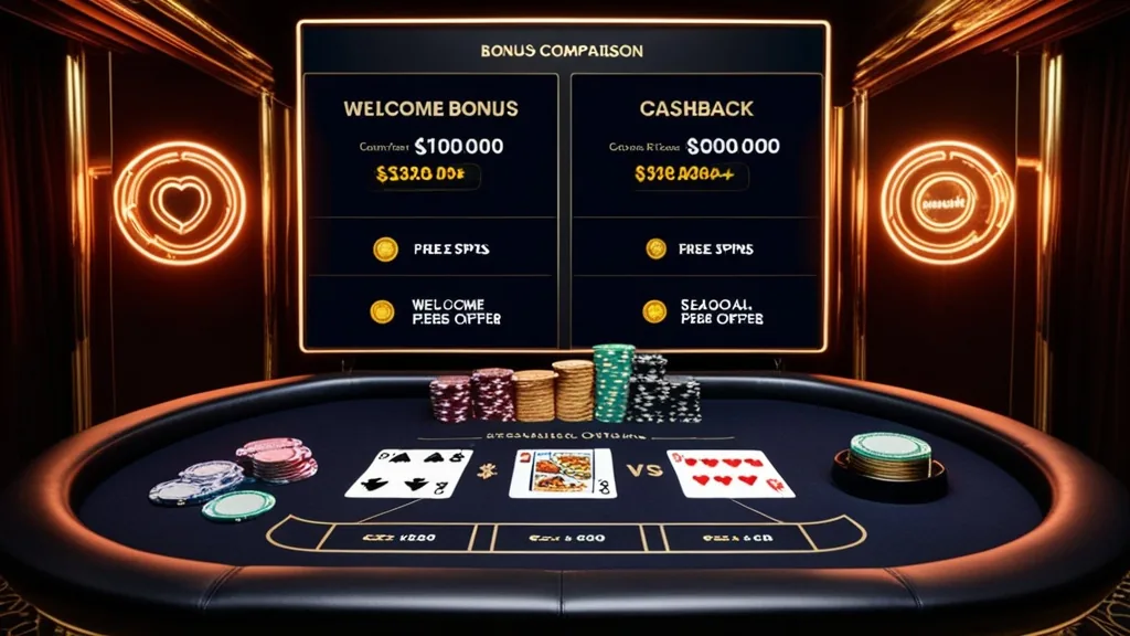 Tabella di offerte bonus in un casinò scuro con carte e chip luminosi