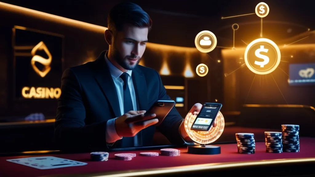 Persona che effettua un deposito su Zoccer Payment da smartphone in un ambiente da casino